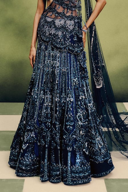 Dolly J_Navy Net Embroidery, Mirrors Sweetheart Neck Oceanfire Cocktail Lehenga Set _Online_at_Aza_Fashions