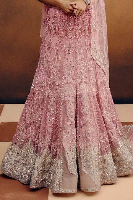 Dolly J_Pink Net Embroidery, Sequins, Beads, Zari Halter Blush Aurora Bridal Lehenga Set _Online_at_Aza_Fashions