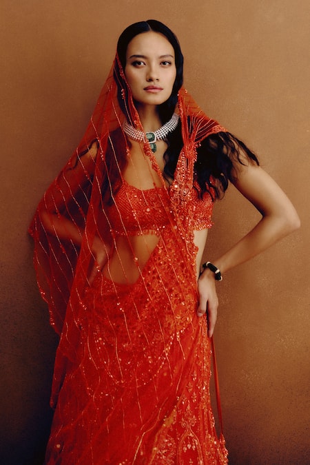 Dolly J_Orange Net Embroidery, Zari, Sequins Sweetheart Citrine Dawn Bridal Lehenga Set _Online_at_Aza_Fashions