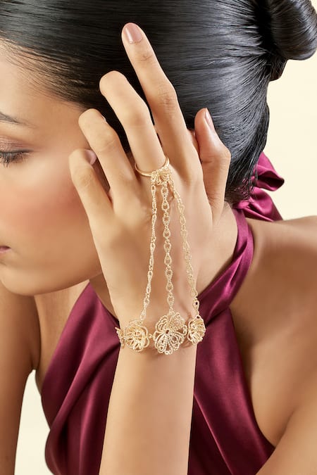 Shop Isharya Gold Plated 18kt Evangelica Hand Harness Online at Aza Fashions Shop_Isharya_Gold Plated 18kt Evangelica Hand Harness _Online_at_Aza_Fashions