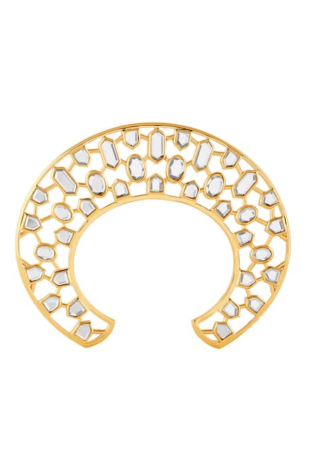 Shop Isharya Gold Plated Mirrors, Crystals 18kt Alvorada Statement Cuff at Aza Fashions Shop_Isharya_Gold Plated Mirrors, Crystals 18kt Alvorada Statement Cuff _at_Aza_Fashions