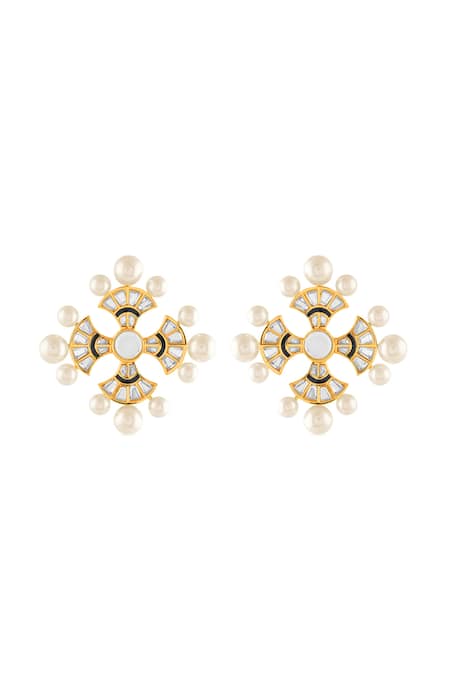 Shop Isharya Gold Plated Mirrors, Pearls 18kt Sagrado Cross Stud Earrings at Aza Fashions Shop_Isharya_Gold Plated Mirrors, Pearls 18kt Sagrado Cross Stud Earrings _at_Aza_Fashions