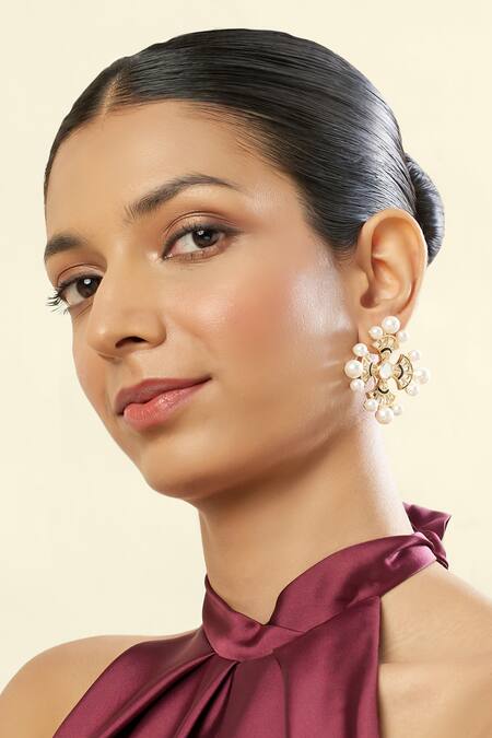 Isharya Gold Plated Mirrors, Pearls 18kt Sagrado Cross Stud Earrings Online at Aza Fashions Isharya_Gold Plated Mirrors, Pearls 18kt Sagrado Cross Stud Earrings _Online_at_Aza_Fashions