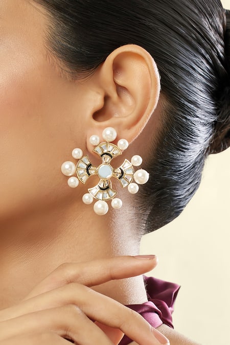 Isharya Gold Plated Mirrors, Pearls 18kt Sagrado Cross Stud Earrings 