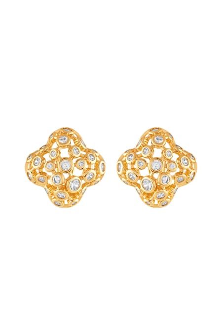 Shop Isharya Gold Plated Crystals 18kt Fino Statement Stud Earrings at Aza Fashions Shop_Isharya_Gold Plated Crystals 18kt Fino Statement Stud Earrings _at_Aza_Fashions