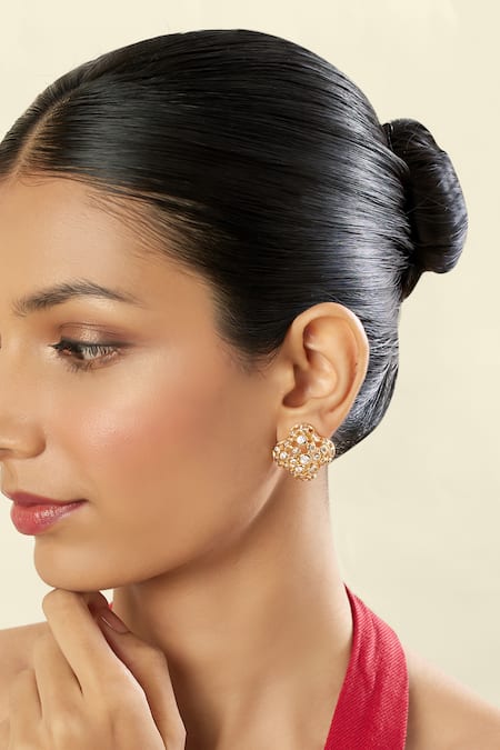 Shop Isharya Gold Plated Crystals 18kt Fino Statement Stud Earrings Online at Aza Fashions Shop_Isharya_Gold Plated Crystals 18kt Fino Statement Stud Earrings _Online_at_Aza_Fashions