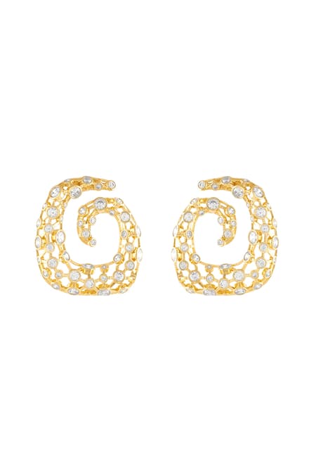 Shop_Isharya_Gold Plated Crystals 18kt Barroco Statement Stud Earrings _at_Aza_Fashions