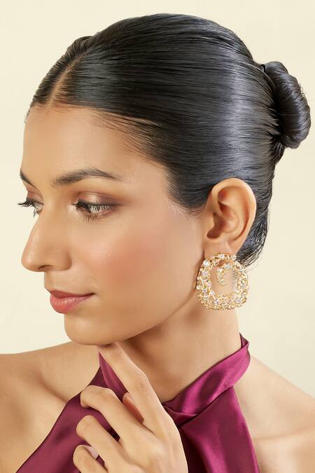 Buy_Isharya_Gold Plated Crystals 18kt Barroco Statement Stud Earrings _Online_at_Aza_Fashions