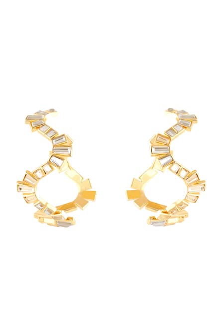 Shop Isharya Gold Plated Mirrors 18kt Divino Wavy Hoop Earrings at Aza Fashions Shop_Isharya_Gold Plated Mirrors 18kt Divino Wavy Hoop Earrings _at_Aza_Fashions
