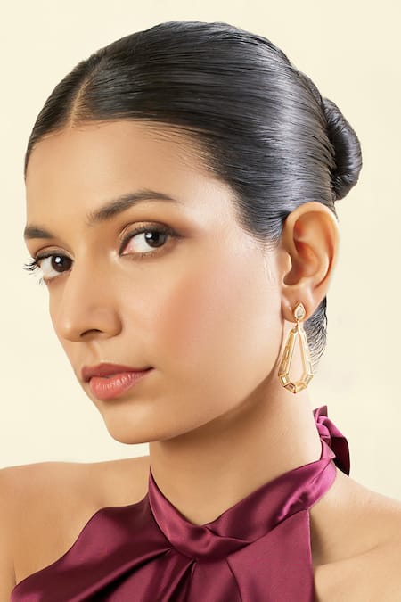 Shop_Isharya_Gold Plated Mirrors 18kt Arco Statement Drop Earrings _Online_at_Aza_Fashions
