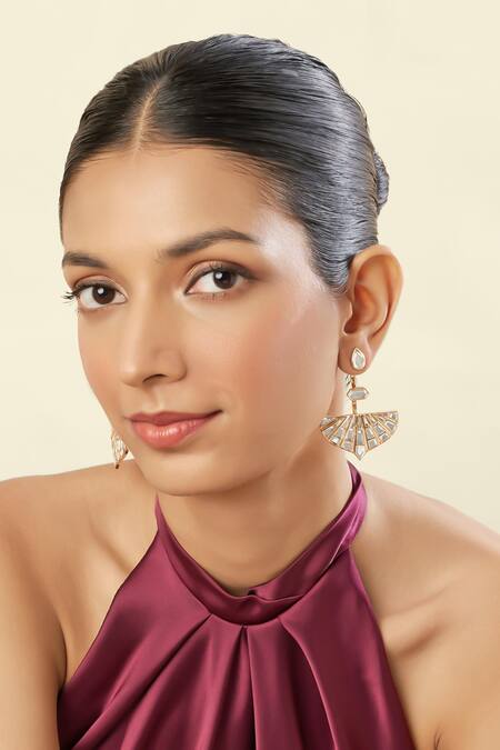 Shop_Isharya_Gold Plated Mirrors 18kt Renda Statement Dangler Earrings _Online_at_Aza_Fashions