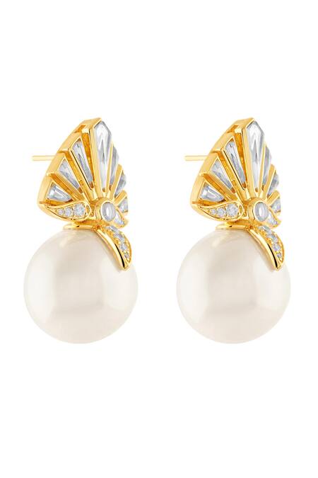 Isharya_Gold Plated Mirrors, Pearls, Crystals 18kt Filgrana Statement Stud Earrings _Online_at_Aza_Fashions