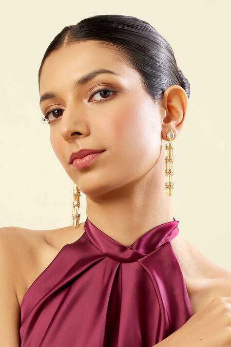 Isharya_Gold Plated Mirrors 18kt Ceu Statement Dangler Earrings _at_Aza_Fashions