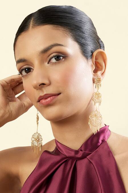 Shop_Isharya_Gold Plated 18kt Convento Statement Dangler Earrings _Online_at_Aza_Fashions