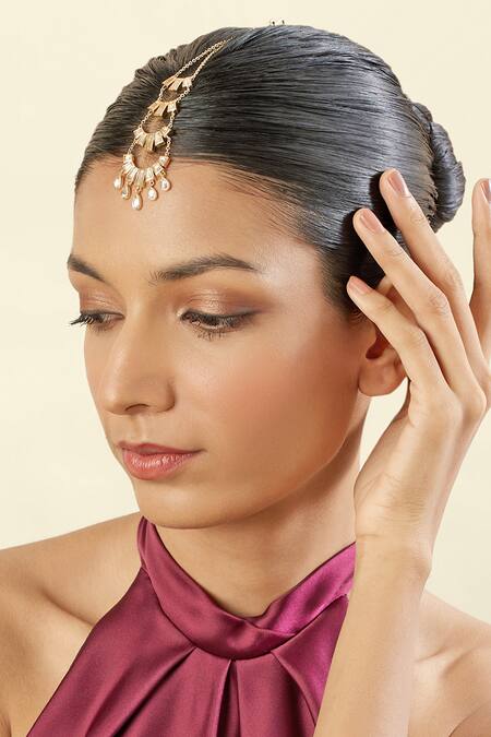 Shop Isharya Gold Plated 18kt Azulejo Mirror Maangtikka Online at Aza Fashions Shop_Isharya_Gold Plated 18kt Azulejo Mirror Maangtikka _Online_at_Aza_Fashions