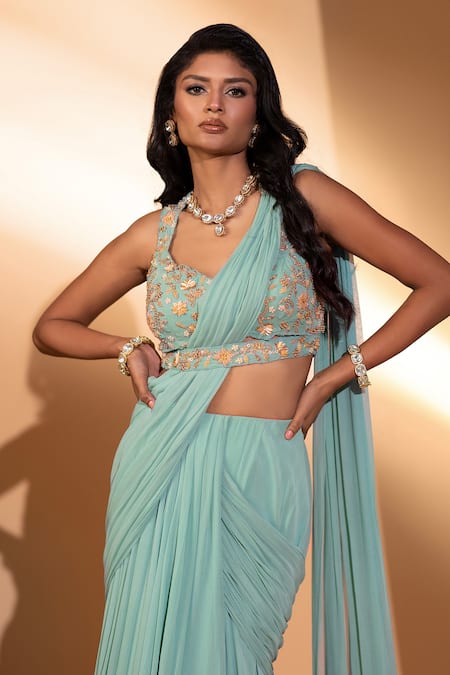 Kiyohra_Blue Georgette Embroidery Sweetheart Neck Amara Pre-draped Saree With Blouse _at_Aza_Fashions