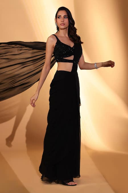 Shop_Kiyohra_Black Georgette Embroidery, Sequins V-neck Alia Pre-draped Saree With Blouse _Online_at_Aza_Fashions
