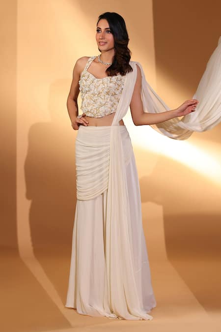 Kiyohra_Ivory Georgette Embroidery, Zari, Pearls Lyra Pre-draped Saree With Blouse _at_Aza_Fashions