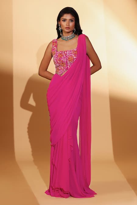 Shop_Kiyohra_Pink Georgette Embroidery, Sequins Square Portia Pre-draped Saree With Blouse _Online_at_Aza_Fashions
