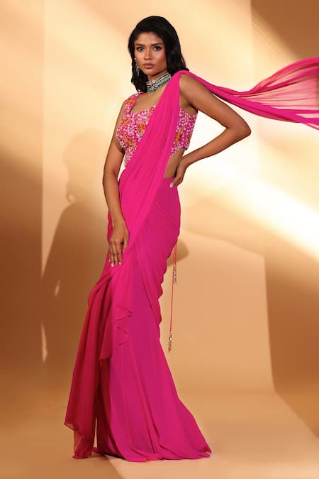 Kiyohra_Pink Georgette Embroidery, Sequins Square Portia Pre-draped Saree With Blouse _at_Aza_Fashions