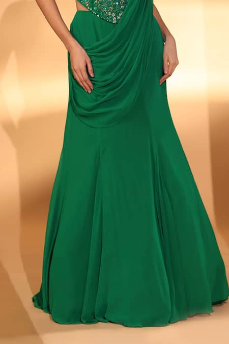 Buy_Kiyohra_Green Georgette Beads, Sequins, Veda Pre-draped Lehenga Saree With Blouse _Online_at_Aza_Fashions