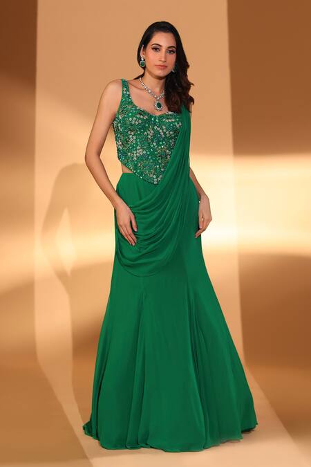 Shop_Kiyohra_Green Georgette Beads, Sequins, Veda Pre-draped Lehenga Saree With Blouse _Online_at_Aza_Fashions