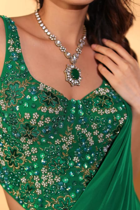 Buy_Kiyohra_Green Georgette Beads, Sequins, Veda Pre-draped Lehenga Saree With Blouse 