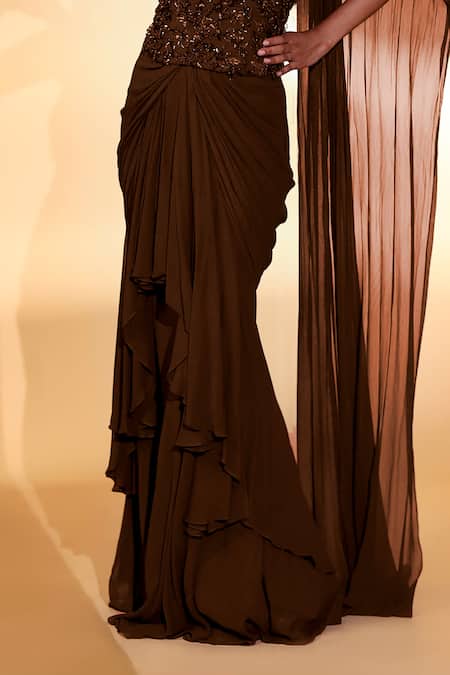 Shop_Kiyohra_Brown Georgette Embroidery, Sequins One Marlo Pre-draped Saree With Blouse _Online_at_Aza_Fashions