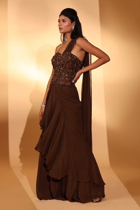 Kiyohra_Brown Georgette Embroidery, Sequins One Marlo Pre-draped Saree With Blouse _at_Aza_Fashions