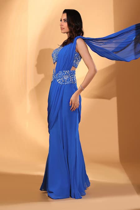 Kiyohra_Blue Georgette Embroidery, Beads, Sequins Felix Pre-draped Saree With Blouse _Online_at_Aza_Fashions