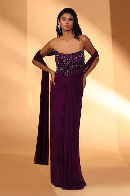 Buy Kiyohra Purple Georgette, Net Beads, Embroidery One Shoulder Tori Saree Gown Online at Aza Fashions Buy_Kiyohra_Purple Georgette, Net Beads, Embroidery One Shoulder Tori Saree Gown _Online_at_Aza_Fashions