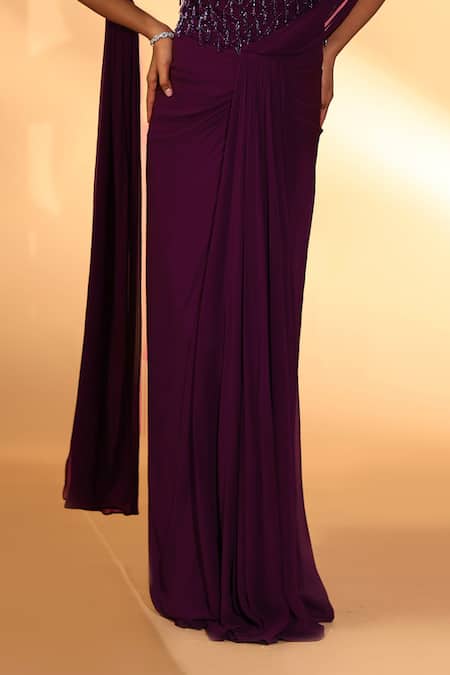 Shop Kiyohra Purple Georgette, Net Beads, Embroidery One Shoulder Tori Saree Gown Online at Aza Fashions Shop_Kiyohra_Purple Georgette, Net Beads, Embroidery One Shoulder Tori Saree Gown _Online_at_Aza_Fashions