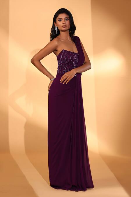 Kiyohra Purple Georgette, Net Beads, Embroidery One Shoulder Tori Saree Gown at Aza Fashions Kiyohra_Purple Georgette, Net Beads, Embroidery One Shoulder Tori Saree Gown _at_Aza_Fashions