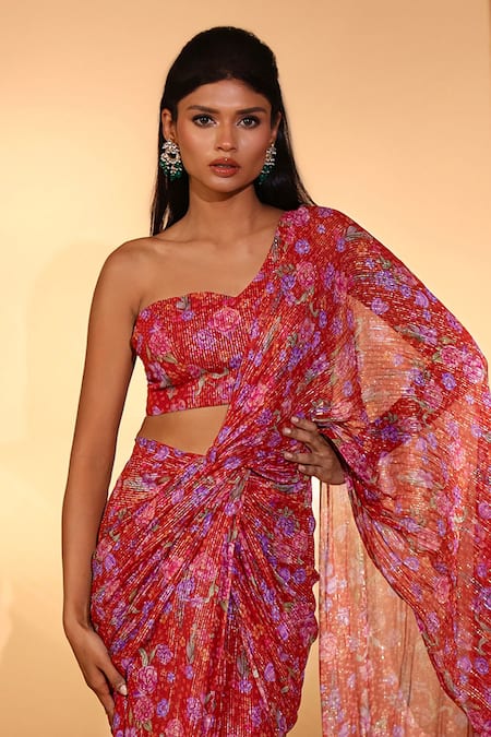 Kiyohra_Red Lurex, Georgette Bandeau Neck Blake Gardenia Print Saree With Blouse _Online_at_Aza_Fashions
