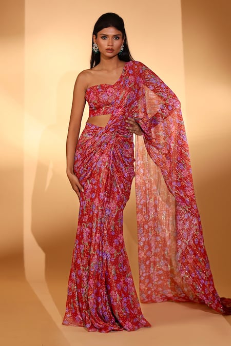 Buy_Kiyohra_Red Lurex, Georgette Bandeau Neck Blake Gardenia Print Saree With Blouse _Online_at_Aza_Fashions