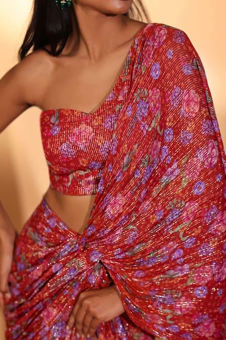 Shop_Kiyohra_Red Lurex, Georgette Bandeau Neck Blake Gardenia Print Saree With Blouse _Online_at_Aza_Fashions