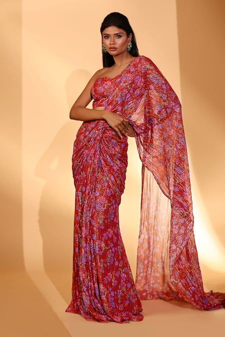 Kiyohra_Red Lurex, Georgette Bandeau Neck Blake Gardenia Print Saree With Blouse _at_Aza_Fashions