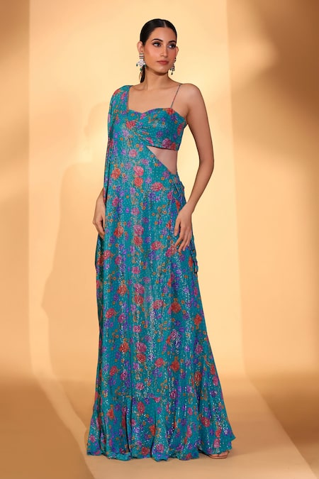 Kiyohra_Teal Lurex, Georgette One Shoulder, Sweetheart Astrid Gardenia Print Pant Set _Online_at_Aza_Fashions
