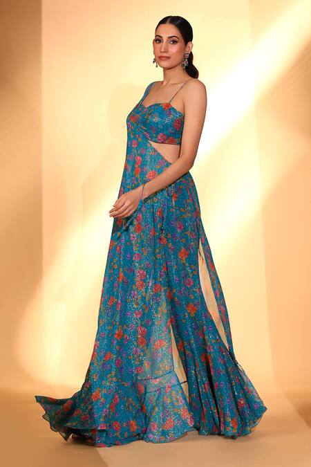 Buy_Kiyohra_Teal Lurex, Georgette One Shoulder, Sweetheart Astrid Gardenia Print Pant Set _Online_at_Aza_Fashions
