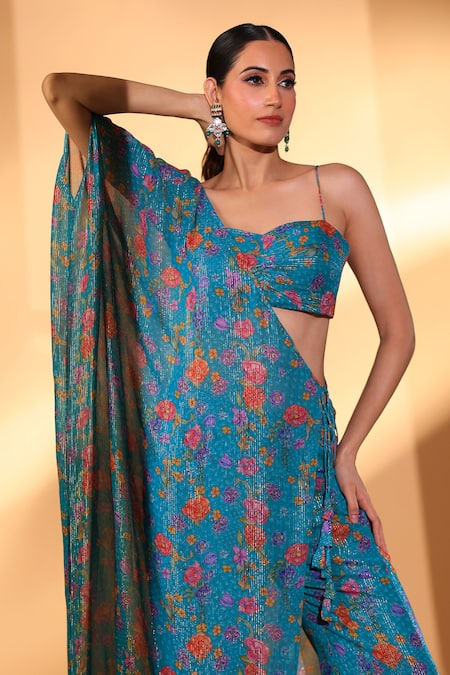 Shop_Kiyohra_Teal Lurex, Georgette One Shoulder, Sweetheart Astrid Gardenia Print Pant Set _Online_at_Aza_Fashions
