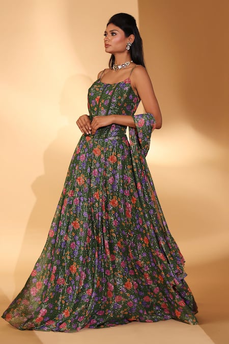 Buy_Kiyohra_Green Lurex, Georgette Sequins, Foil Printing Sasha Gardenia Lehenga Set _Online_at_Aza_Fashions