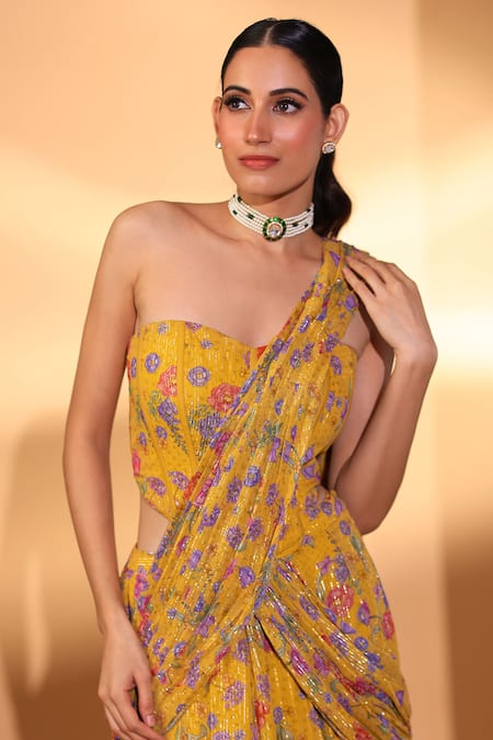 Kiyohra_Yellow Lurex, Georgette Sequins Sera Pre-draped Lehenga Saree With Blouse _Online_at_Aza_Fashions