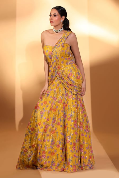 Buy_Kiyohra_Yellow Lurex, Georgette Sequins Sera Pre-draped Lehenga Saree With Blouse _Online_at_Aza_Fashions
