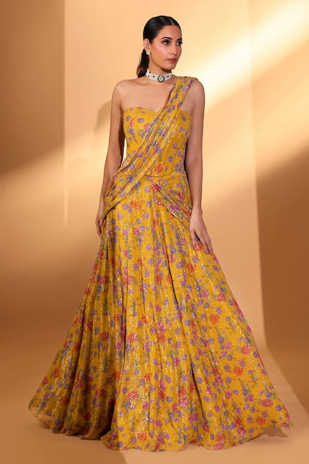 Shop_Kiyohra_Yellow Lurex, Georgette Sequins Sera Pre-draped Lehenga Saree With Blouse _Online_at_Aza_Fashions