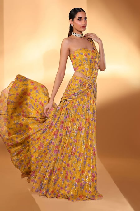 Kiyohra_Yellow Lurex, Georgette Sequins Sera Pre-draped Lehenga Saree With Blouse _at_Aza_Fashions