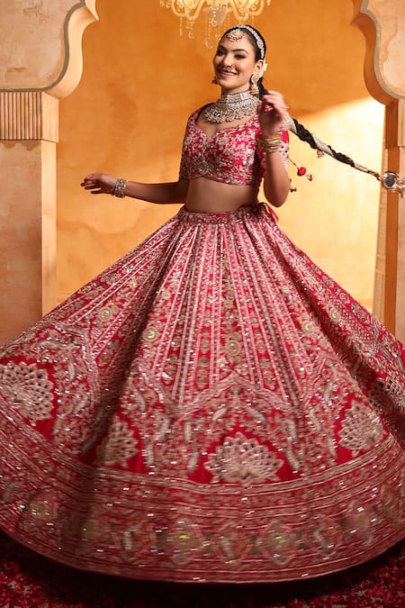 Buy_Mehar_Pink Silk Embroidery, Zari, Sequins Round Neck Rani Bridal Lehenga Set _Online_at_Aza_Fashions