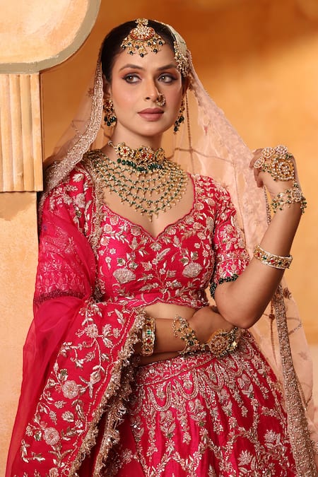 Buy_Mehar_Rose Gold Silk Zari, Embroidery Rani Pink Zardozi Work Bridal Lehenga Set _Online_at_Aza_Fashions