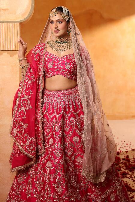 Shop_Mehar_Rose Gold Silk Zari, Embroidery Rani Pink Zardozi Work Bridal Lehenga Set _Online_at_Aza_Fashions