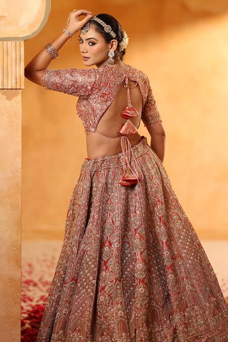 Buy_Mehar_Peach Tissue Stones, Pearls, Sequins, Embroidery, Zari Bridal Lehenga Set _Online_at_Aza_Fashions