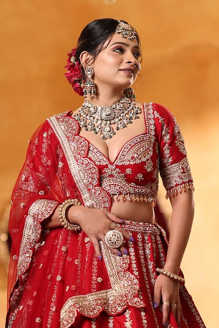 Buy_Mehar_Red Silk Embroidery, Zari Sweetheart Neck Raw Bridal Lehenga Set _Online_at_Aza_Fashions